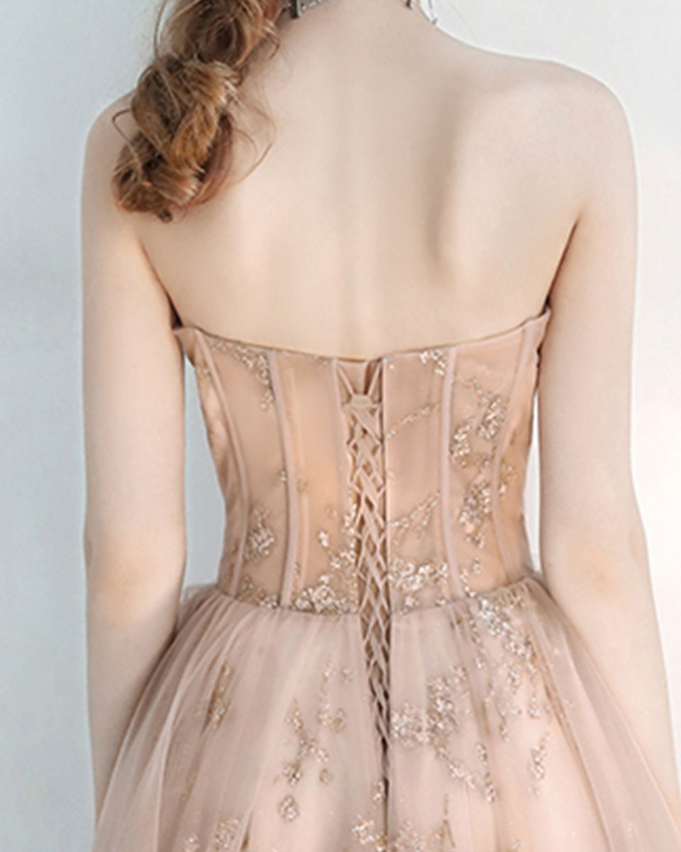 Champagne Sweetheart Tulle Lace Long Prom Dress, Sequin Formal Graduation Dress