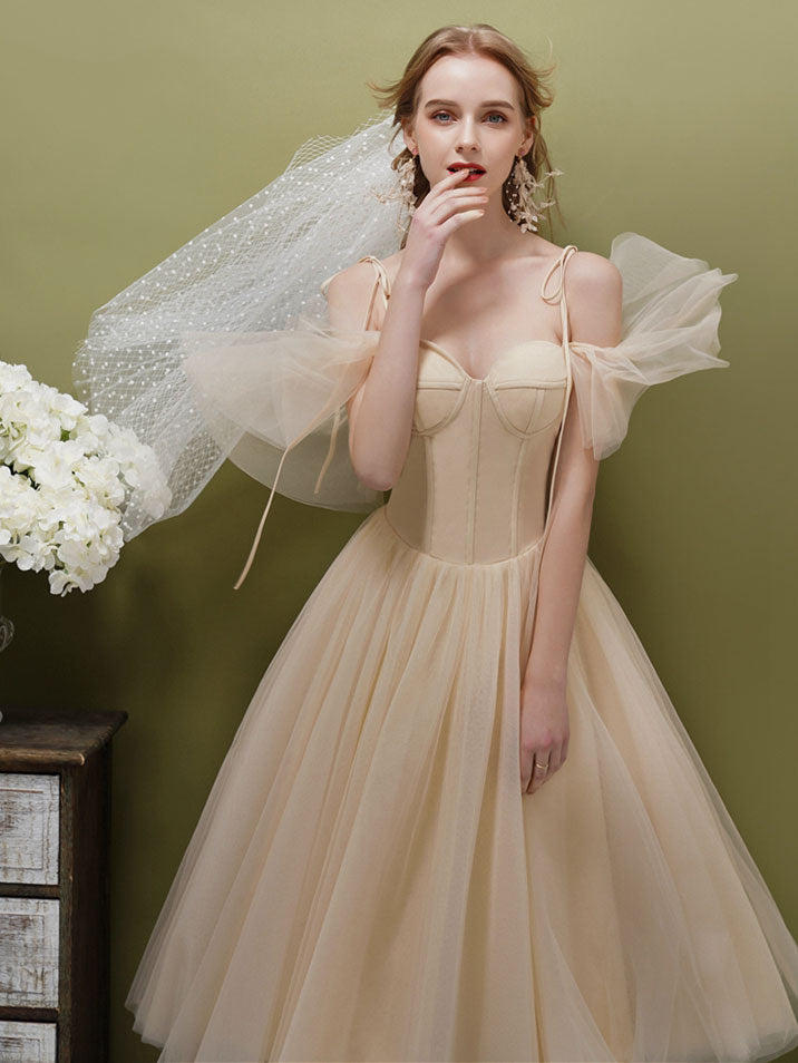 Simple A-line Champagne Tulle Short Prom Dress, Champagne HDRomecoming dress