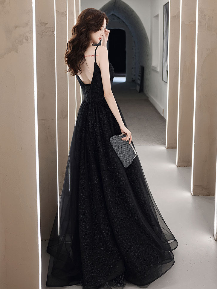 Black V Neck Tulle Lace Long Prom Dress Black Evening Dress