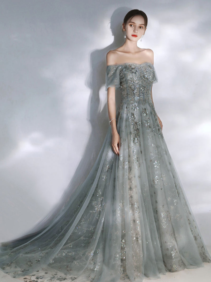 Gray Tulle Sequin Lace Long Prom Dress, Gray Tulle Formal Dress