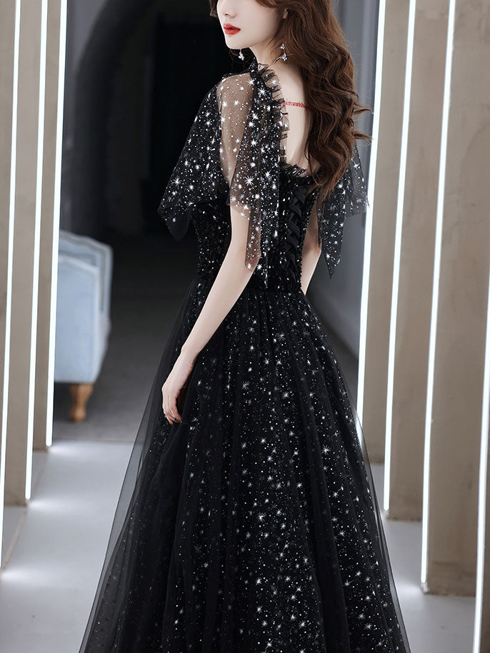 Black Tulle Off Shoulder Tulle Long Prom Dress Black Evening Dress