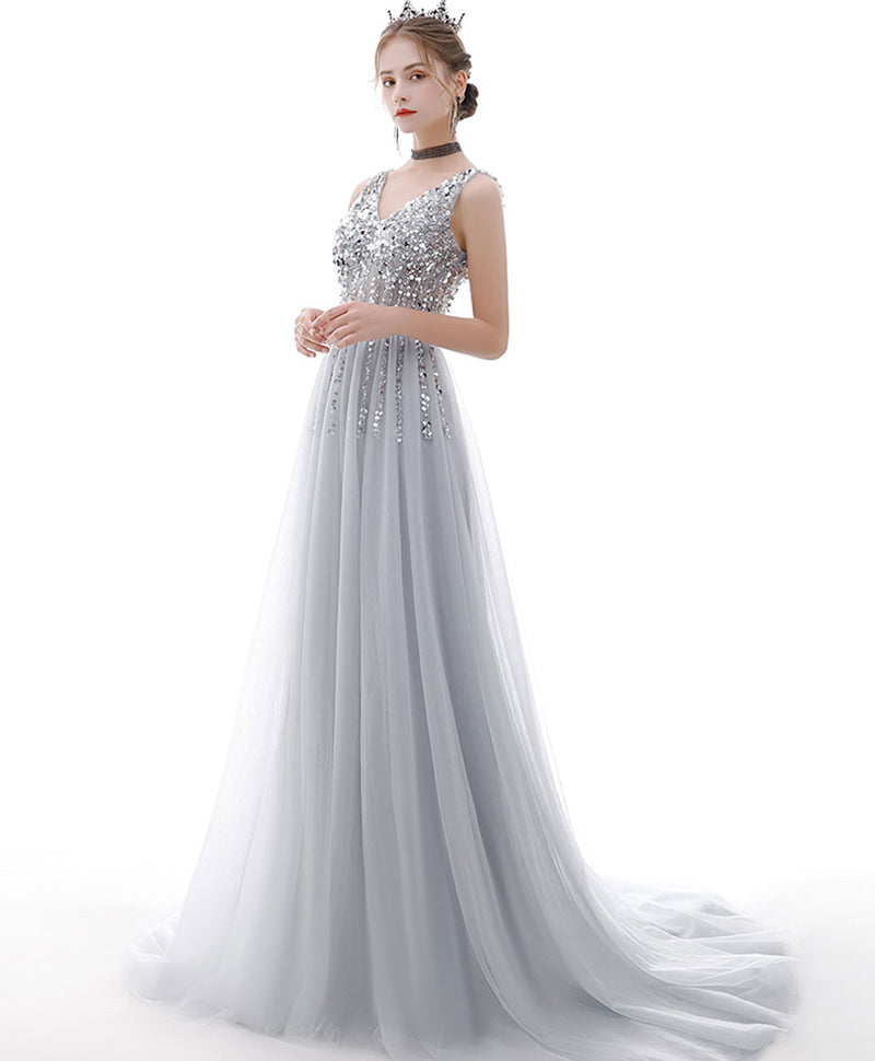 Gray V Neck Tulle Sequin Long Prom Dress Gray Tulle Formal Dress – shopluu