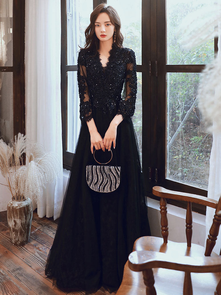 Black V Neck Tulle Lace Beads Long Prom Dress, Black Tulle Evening Dresses US 10 / Black Black V Neck Tulle Lace Beads Long Prom Dress, Black Tulle Evening Dresses US 10 / Black