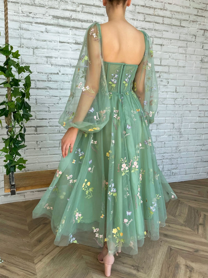 Elegant Long Sleeves Tulle Tea Length Puffy Green Prom Dress, Green Bridesmaid Dresses