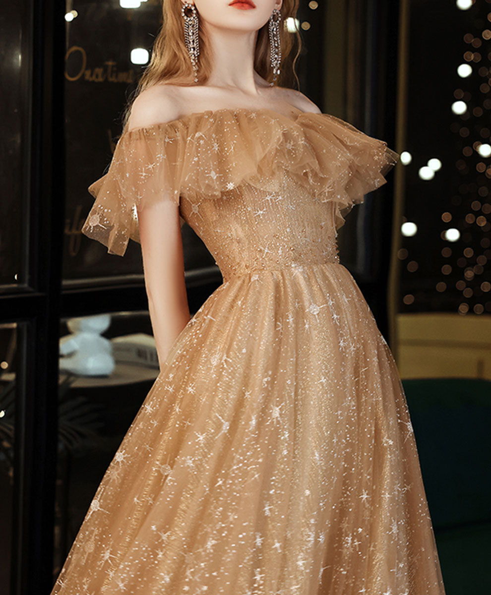 Gold A line Long Prom Dresses, Shiny Off Shoulder Gold Formal Graduation Dress