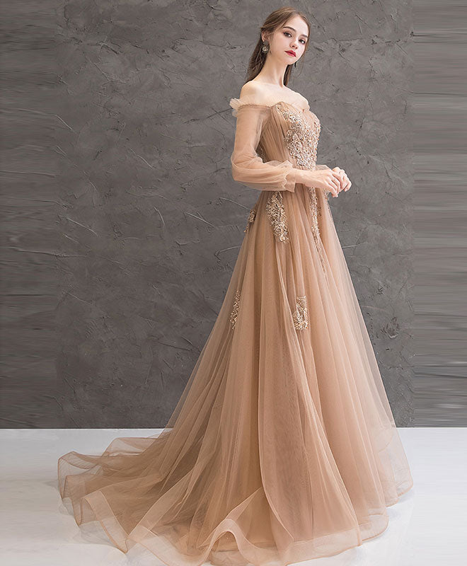 Champagne Tulle Lace Long Prom Dress Champagne Tulle Evening Dress – shopluu