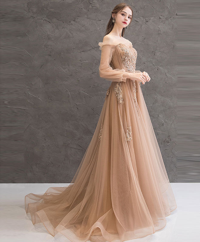 Aesthetic Champagne Ball Gown Puff Sleeve Party Prom Dress – FloraShe