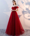 Burgundy Tulle Lace Long Prom Dress, Burgundy Lace Evening Dress