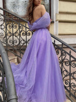 Simple Purple Off Shoulder Tulle Long Prom Dress, Purple Graduation Dress