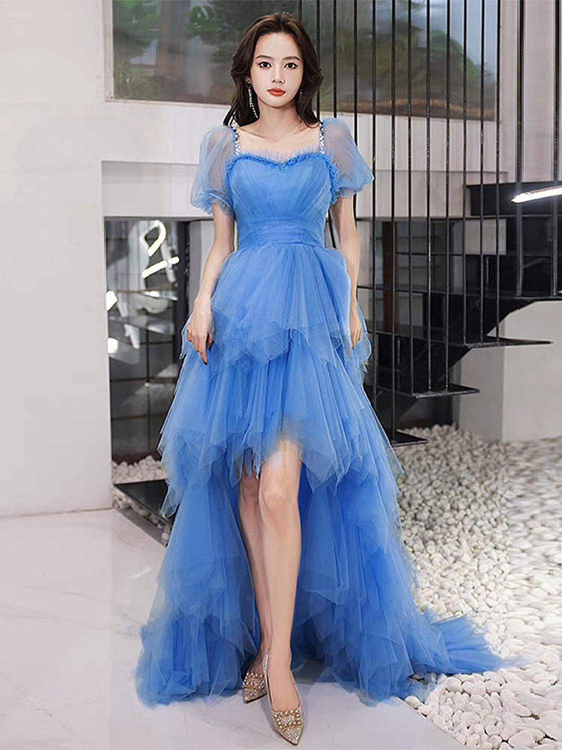 Blue Tulle Long Prom Dresses, Blue Tulle Formal Dresses Sweet 16 Dress –  shopluu