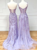 Purple Sweetheart Neck Lace Long Prom Dresses