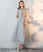 Gray High Neck Tulle Lace Prom Dress Tulle Lace Evening Dress