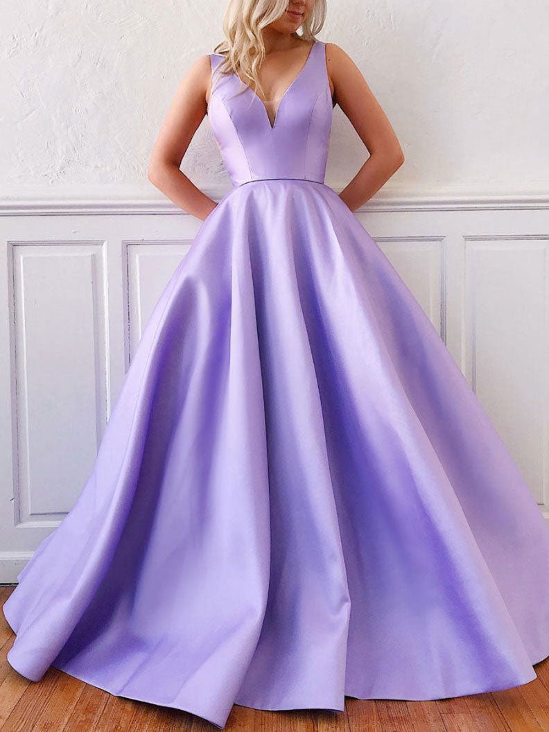 Simple V Neck Satin Purple Long Prom Dress, Purple Formal Graduation Dresses