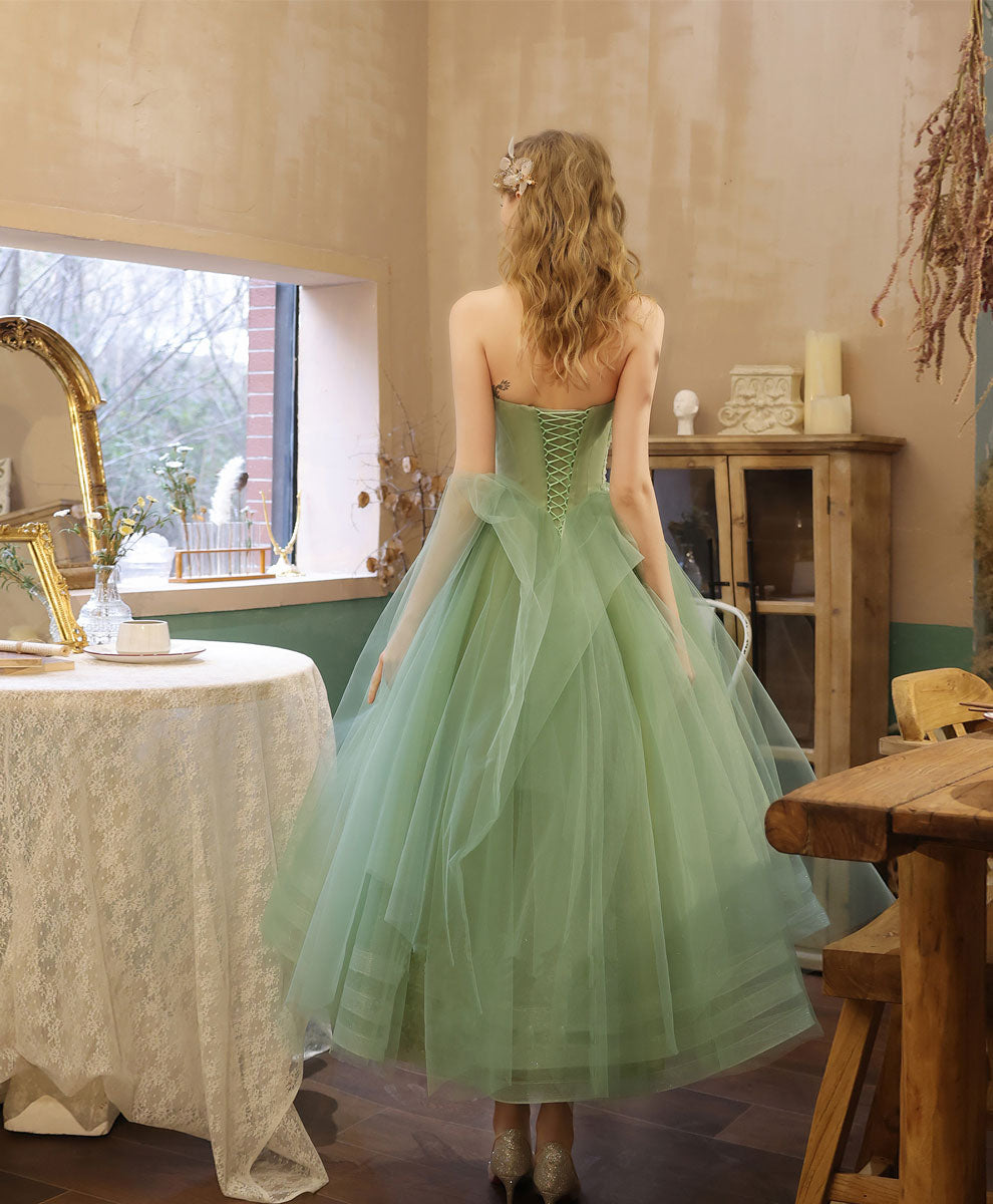 Aline Tulle Tea Length Green Prom Dress, Green Puffy Homecoming Dresses with Lace Applique Beading US 8 / Green Aline Tulle Tea Length Green Prom Dress, Green Puffy Homecoming Dresses with Lace Applique Beading US 8 / Green