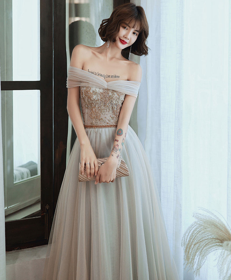 Gray Tulle Lace Long Prom Dress Tulle Lace Formal Dress