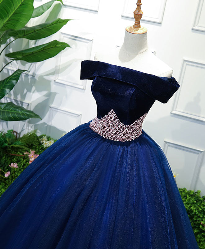 Dark Blue Tulle Off Shoulder Long Prom Dress, Blue Sweet 16 Dress