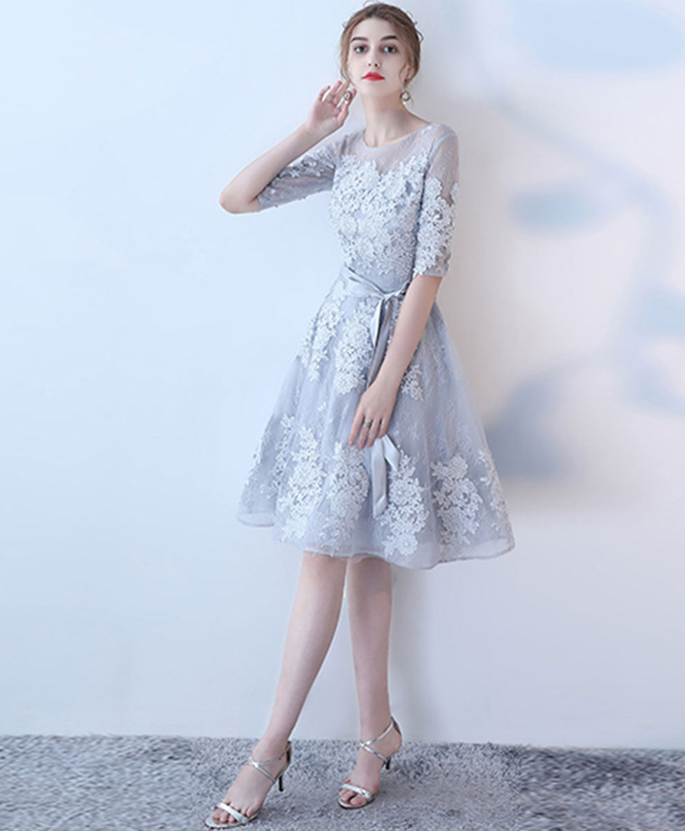 Gray Round Neck Tulle Lace Short Prom Dress Gray Homecoming Dress