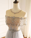 Gray Round Neck Tulle Beads Long Prom Dress Forma Graduation Dresses