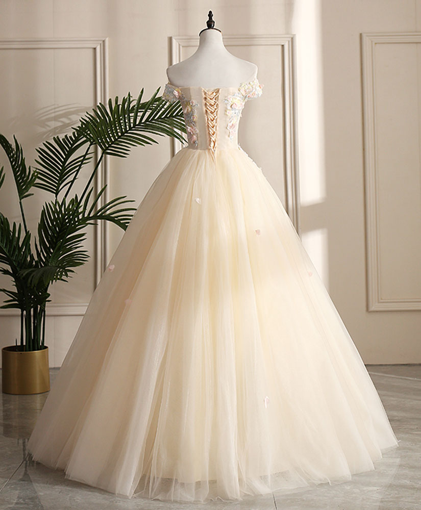 Champagne Tulle Off Shoulder Lace Long Prom Dress ,Sweet 16 Dress