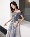 Blue Tulle Off Shoulder Lace Long Prom Dress Tulle Formal Dress