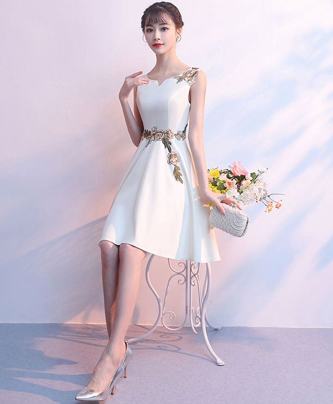 Simple Light Champagne Satin Applique Short Prom Dress, Cute Homecoming Dress
