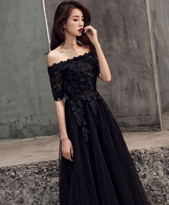 Black Tulle Lace Long Prom Dress, Black Tulle Evening Dress