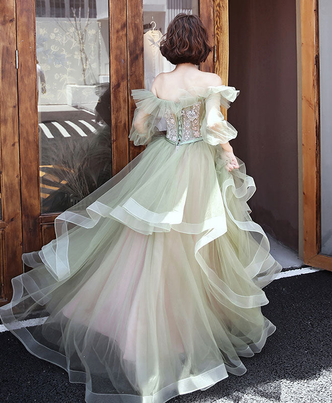 Green Tulle Lace Long Prom Dress, Green Tulle Evening Dress