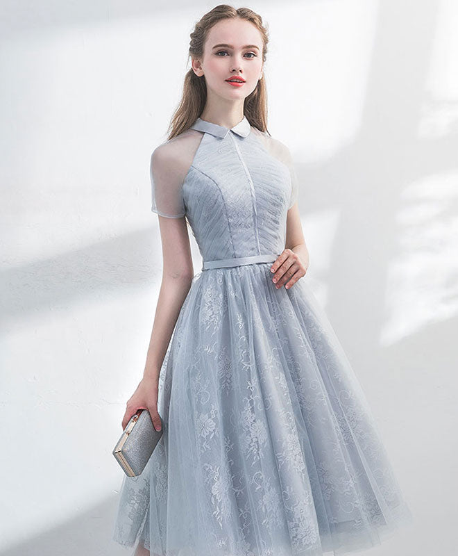 grey dresses for homecoming A Line V Neck Backless Tea Length Gray Lace Prom Dresses, Lace Fo jbydress The Sparkly Beads Short Grey Tulle Homecoming Dress with Beading PG161 is a luxurious option for any party grey dresses Lace Tea Length