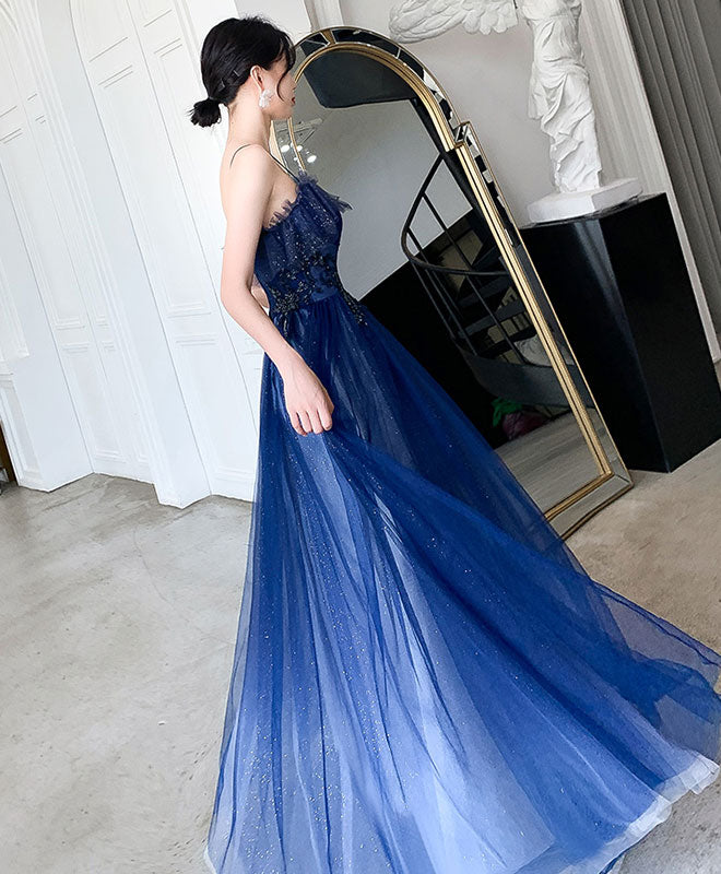 Blue Sweetheart Tulle Lace Long Prom Dress Blue Tulle Formal Dress