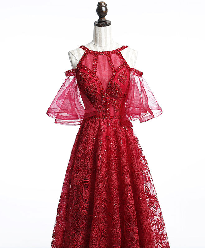 A-Line Off Shoulder Tulle Lace Burgundy Long Prom Dress, Evening Dress