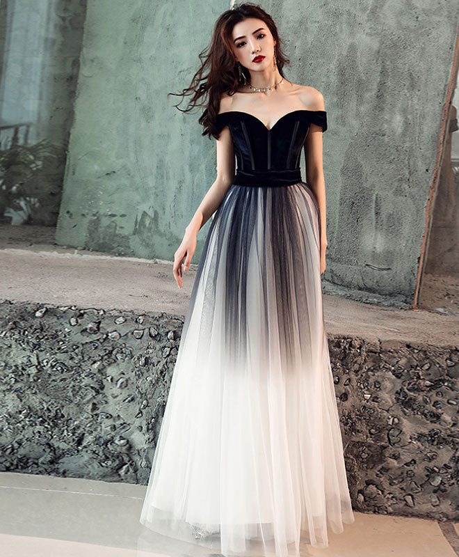 Simple Tulle Off Shoulder Black Long Prom Dress, Black Tulle Evening Dress