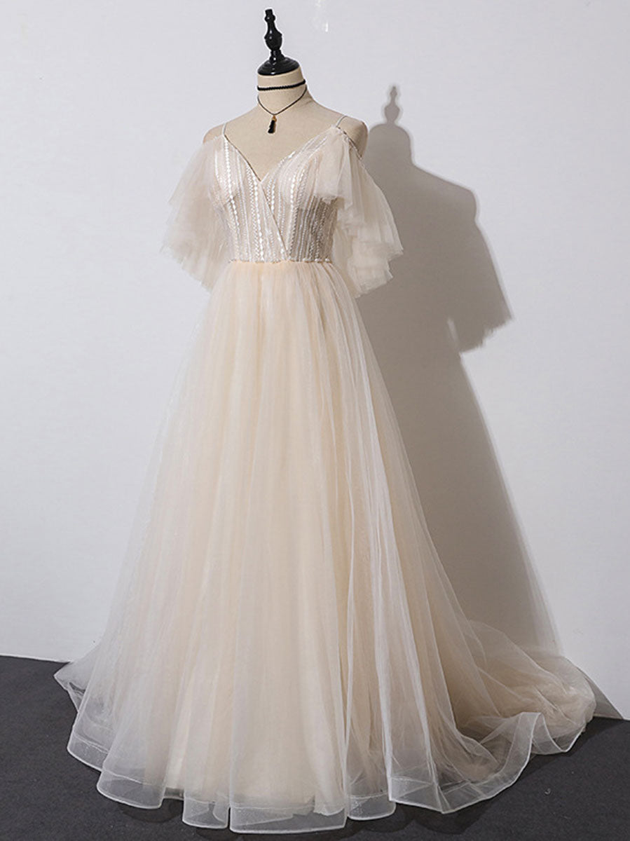 Champagne V Neck Tulle Long Prom Dress, Champagne Evening Dress