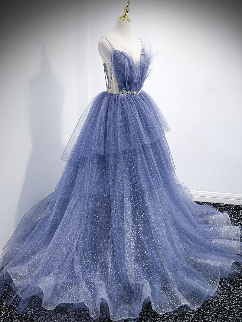 Blue V Neck Tulle Sequin Long Prom Dress, Blue Tulle Formal Dress
