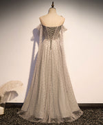 Gray Tulle One Shoulder Long Prom Dress, Gray Formal Graduation Dresses with Beading