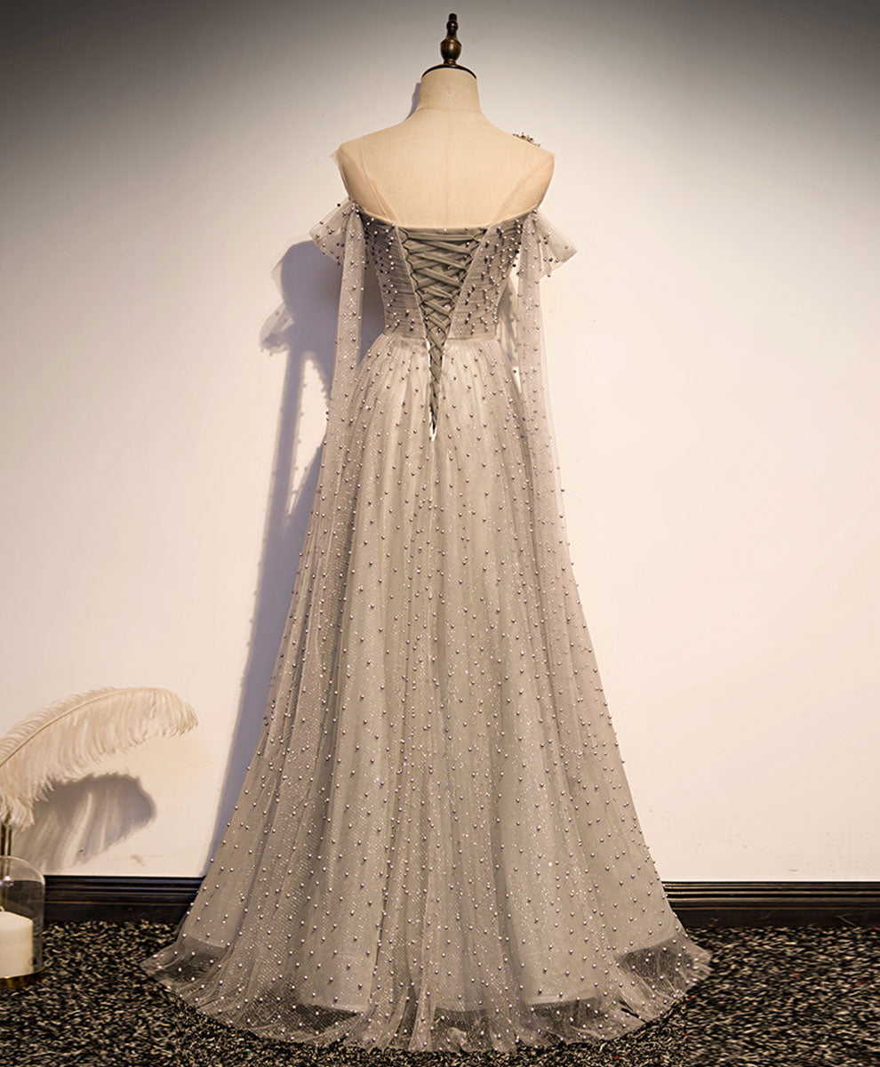 Gray Tulle One Shoulder Long Prom Dress, Gray Formal Graduation Dresse – shopluu