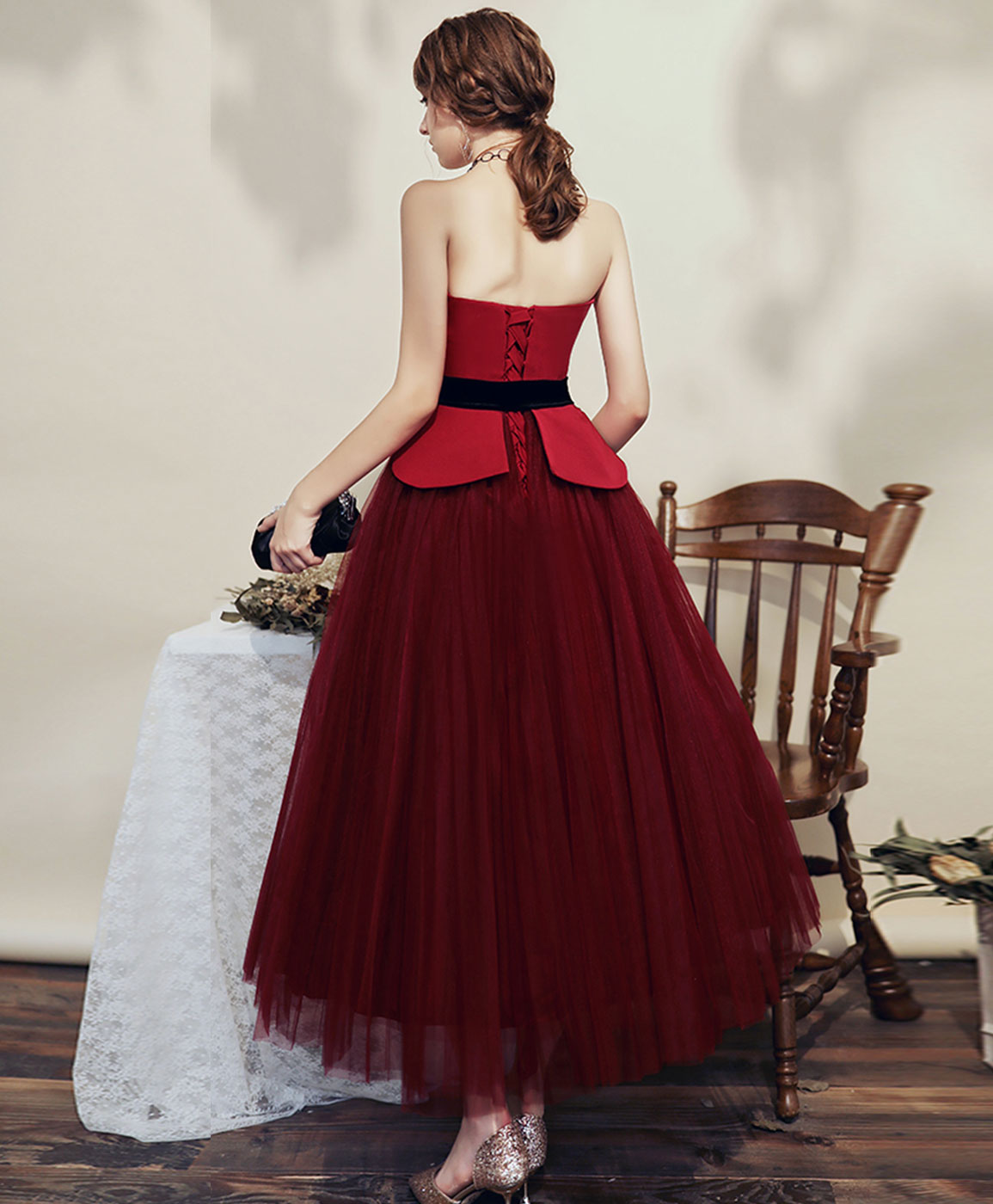 Simple Burgundy Tulle Tea Length Short Prom Dress Bridesmaid Dress