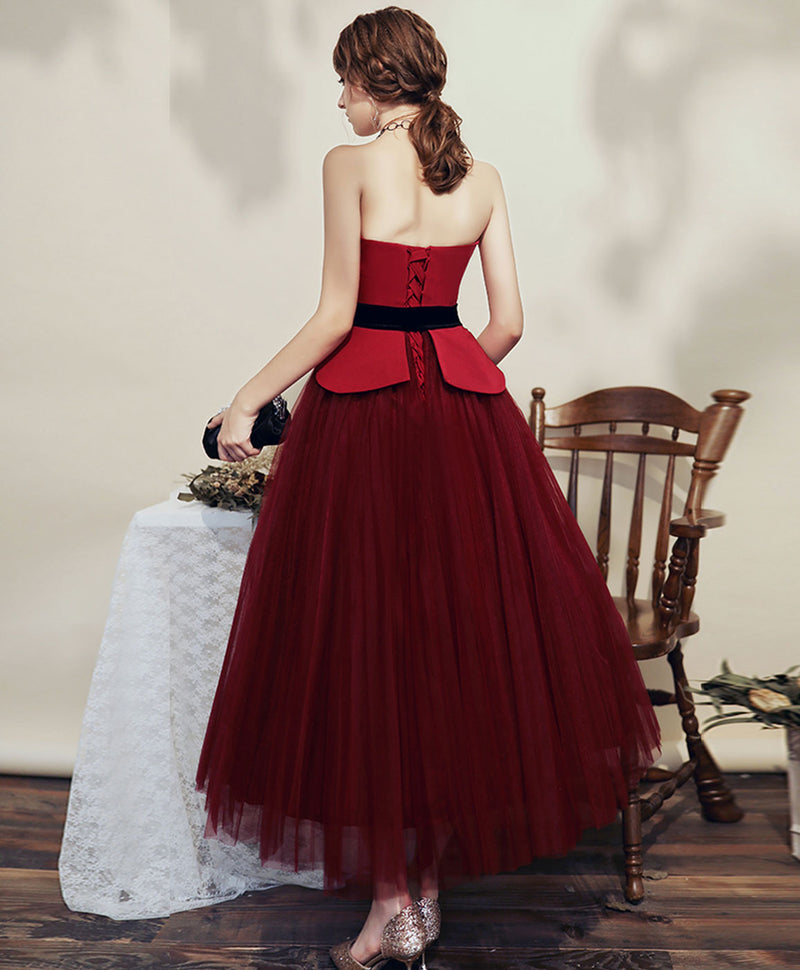 Simple Burgundy Tulle Tea Length Short Prom Dress Bridesmaid Dress – shopluu