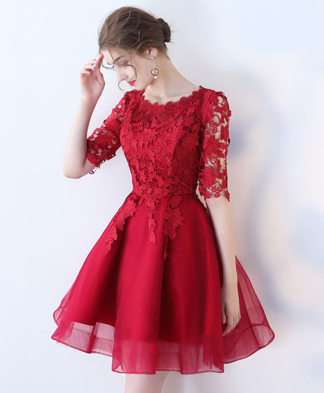 Burgundy Lace Tulle Short Prom Dress, Burgundy Homecoming Dress