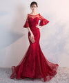 Burgundy Round Neck Tulle Lace Mermaid Long Prom Dress, Evening Dress