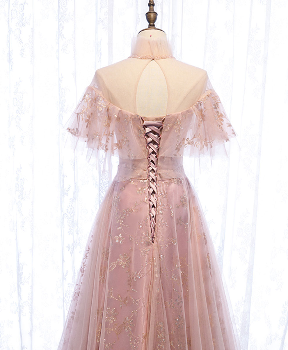 Pink Tulle Lace Long Prom Dress Pink Tulle Formal Dress