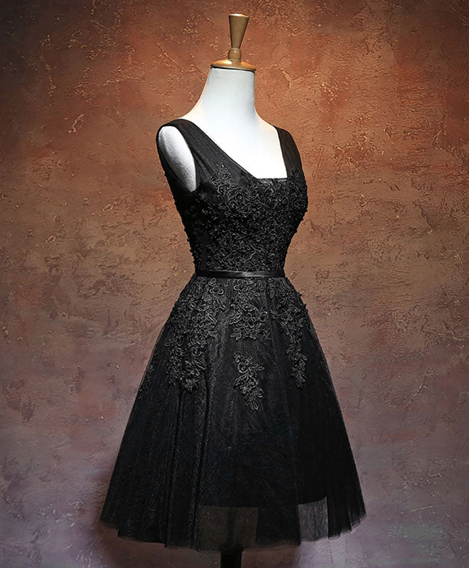 Black V Neck Tulle Lace Short Prom Dress, Black Homecoming Dresses