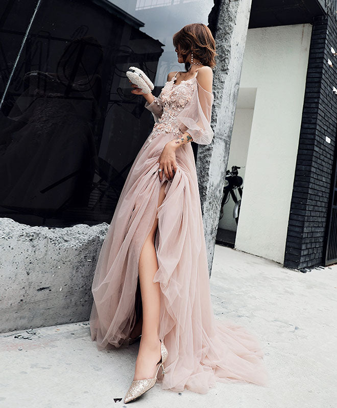 Champagne Tulle Lace Long Prom Dress, Champagne Evening Dress