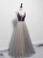Simple Gray V Neck Tulle Long Prom Dress, Gray A line Gray Formal Dresses