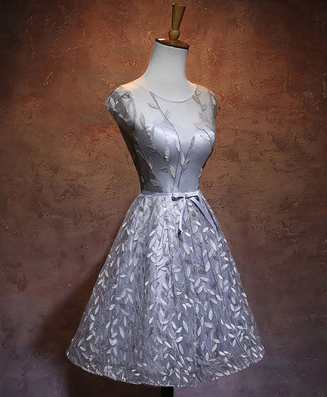 Gray Round Neck Lace Short Prom Dress,Cute Homecoming Dress