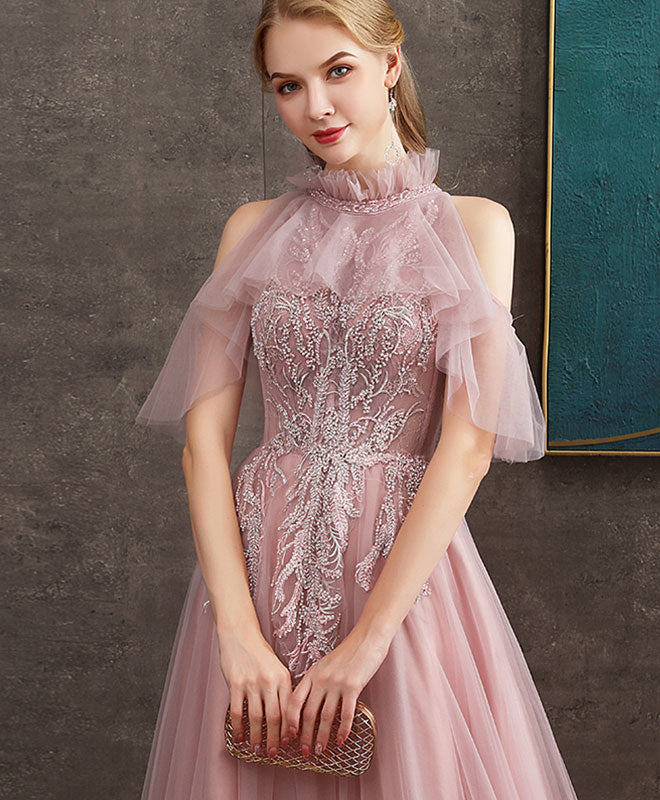 Pink Tulle Lace Long Prom Dress Pink Tulle Formal Graduation Dress with Beading