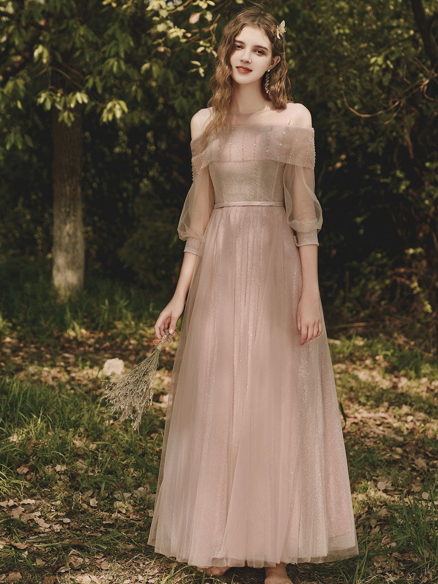 Pink Tulle Tea Length Prom Dress, Pink Tulle Formal Dress