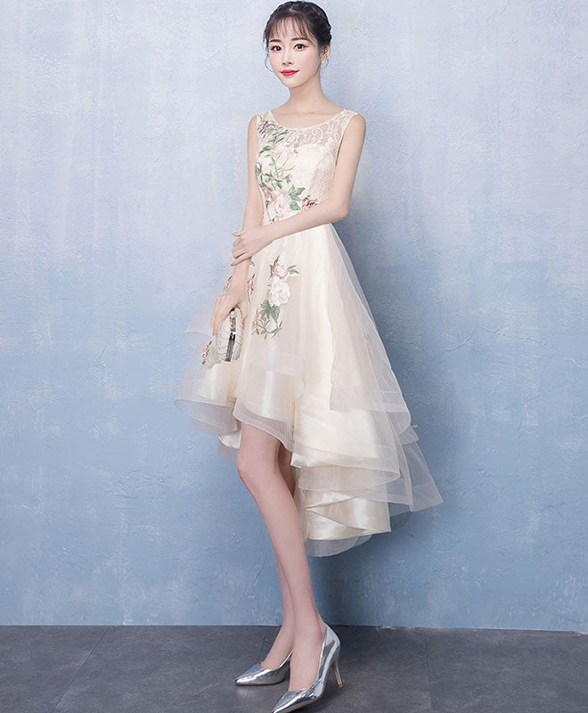 Champagne Round Neck Tulle Applique High Low Prom Dress, Cute Homecoming