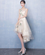 Champagne Round Neck Tulle Applique High Low Prom Dress, Cute Homecoming