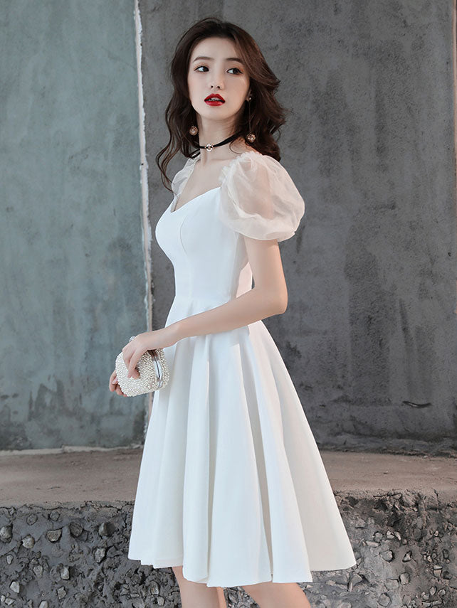 White Satin Short Prom Dress, White Homecoming Dress
