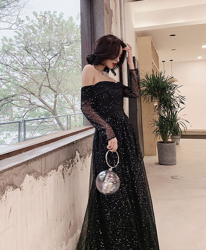 Black Tulle Long Prom Dress, Shiny Black Tulle Evening Dress – shopluu